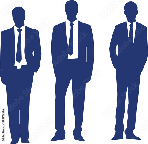 Blue silhouette of three businessmen in suits representing professional corporate team and executive group icon concept