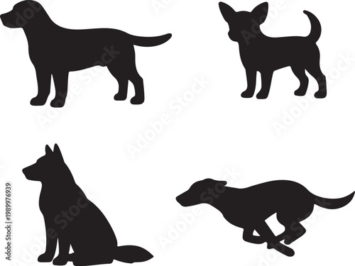 Black dog silhouettes set featuring various breeds in standing sitting and running poses Vector