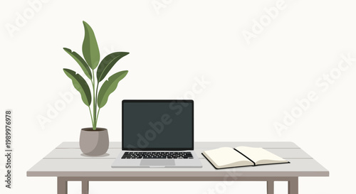 A minimalist workspace featuring a laptop, an open notebook, and a lush green potted plant on a light-colored wooden desk against a plain background.