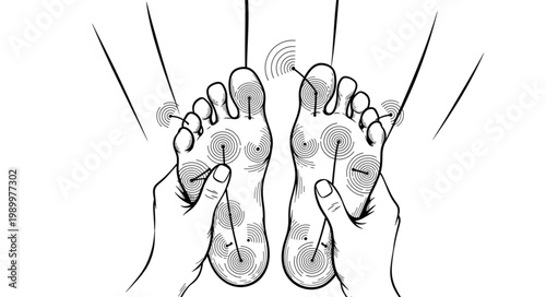 Close-up illustration of hands massaging human feet soles.