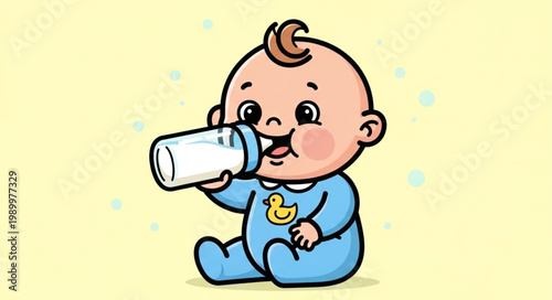 Cute cartoon baby drinking from a bottle.