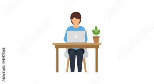 This flat vector illustration depicts a person in a blue shirt sitting at a wooden desk and working on a laptop next to a small potted plant.