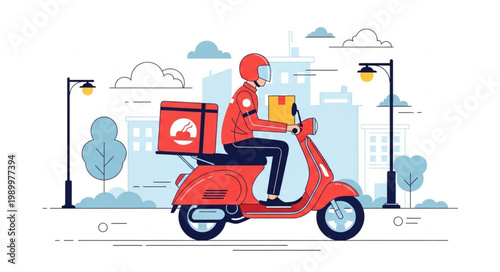 Delivery person riding scooter with food box in city.