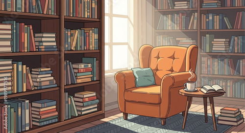 Cozy armchair in a sunlit library filled with books.
