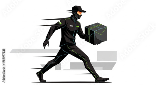 Delivery person in black uniform running with a package.