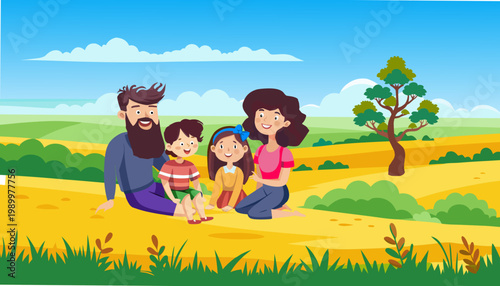 happy family on the meadowllustration, vector, orange, flower, travel, grunge, tropical, palm, sky, moon, party, design, sun, sunset, nature, tree, art, landscape, beach, night, silhouette, autum, fam