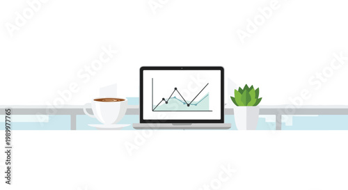 An office desk setting with a laptop showing financial growth, a fresh cup of coffee, and a small green succulent in a minimalist style.