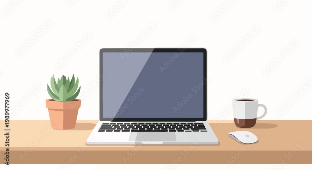 Fototapeta premium A minimalist flat vector illustration of a modern workspace featuring a silver laptop, a potted succulent, a computer mouse, and a coffee mug.