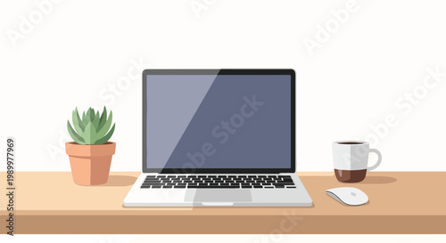 A minimalist flat vector illustration of a modern workspace featuring a silver laptop, a potted succulent, a computer mouse, and a coffee mug.