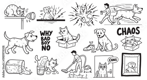 Funny pet mischief and home chaos doodle collection with naughty cats and dogs.