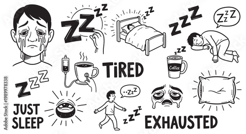 Exhausted person suffering from insomnia and sleep deprivation doodle vector set.