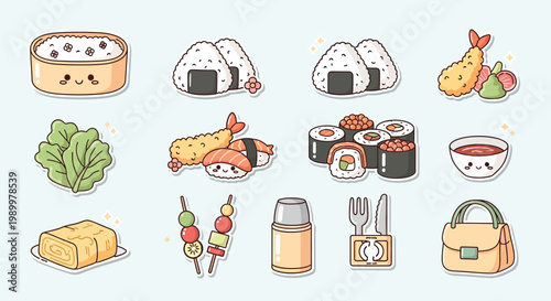Cute cartoon Japanese food and picnic items sticker collection on a light blue background, featuring sushi, onigiri, tempura, and more.