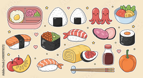 Cute cartoon collection of various Japanese food items including sushi, onigiri, bento, and sashimi with chopsticks and soy sauce.