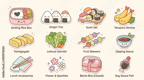 A charming collection of cute cartoon Japanese food items and lunch accessories, including sushi, onigiri, tempura, bento boxes, and fruit skewers, presented as delightful illustrations.