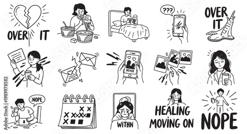 Heartbreak and healing doodle vector set featuring breakup recovery and emotional growth concepts in line art.