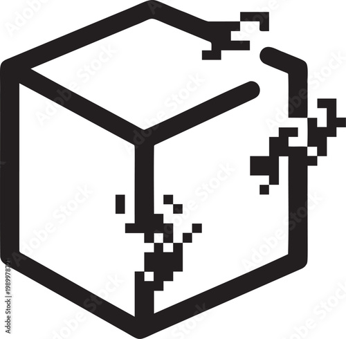 Isometric cube with pixelated glitch effect representing data loss.