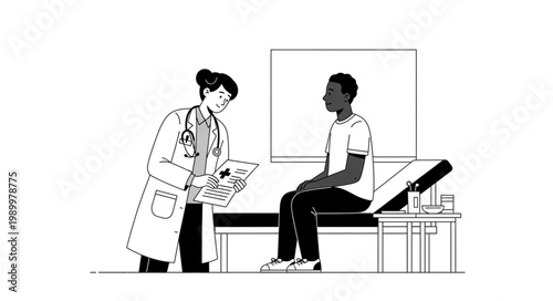 Doctor Consults Patient in Medical Office Examination Room.