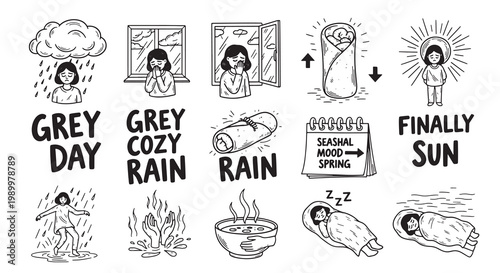 Seasonal affective disorder and grey weather themed doodle illustrations set with cozy items.