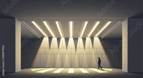 Modern minimalist stage with dramatic lighting and a single person.
