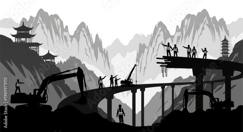 Construction workers building a bridge in a mountainous landscape with traditional architecture.
