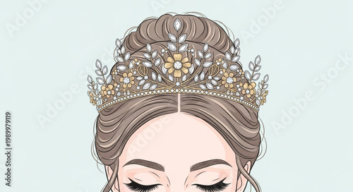 Elegant Tiara Adorns Womans Head with Closed Eyes.