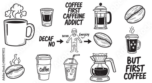 Set of coffee doodles and phrases with a before and after illustration of a person energized by coffee.