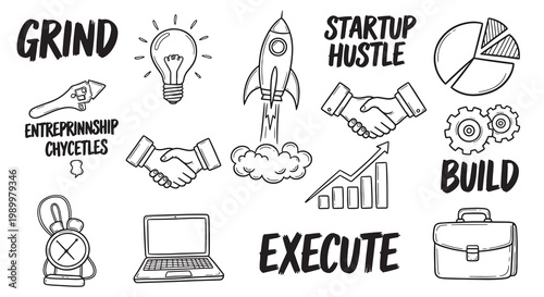 Entrepreneurship and startup hustle doodle icons for business growth.