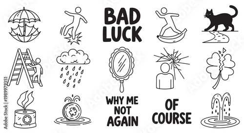 Bad luck and superstition doodle set featuring black cat broken mirror and banana peel.
