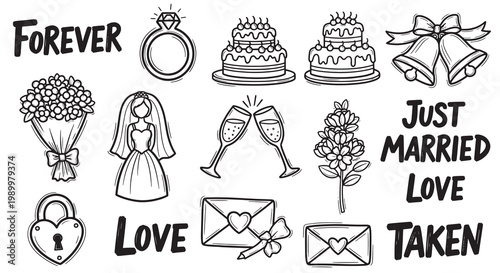 Wedding and marriage celebration doodles with floral bouquet and cake.