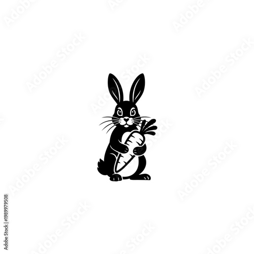 Cute black and white vector illustration of a rabbit with big ears and whiskers happily holding a large carrot in its paws on a plain white background