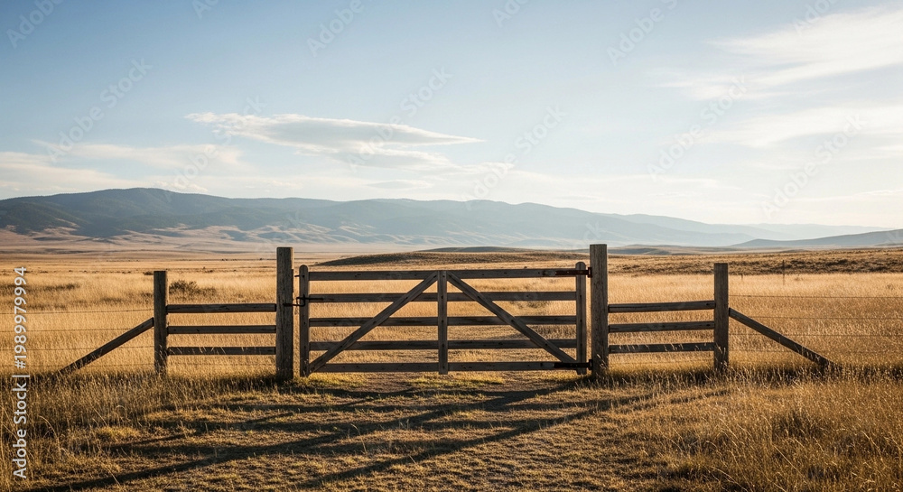 Obraz premium Rustic wooden ranch gate stands open under a vast, sun-drenched sky in a dry, golden prairie landscape with distant rolling hills.