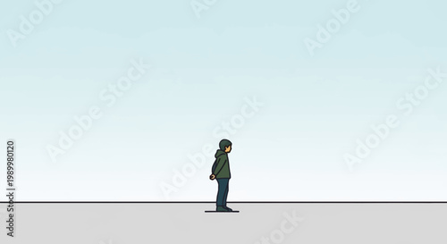 Man standing alone on gray surface. Silhouette of person. Simple illustration. Light blue background. Vector design. Minimalist style. One person. Adult male. Casual clothes. Side view.
