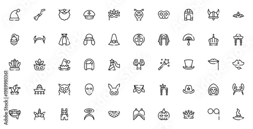 Costume Party icon set. Vector illustration pack featuring Santa hat, Clown, Pirate, Witch, Fairy, Superhero and more. Editable stroke design.