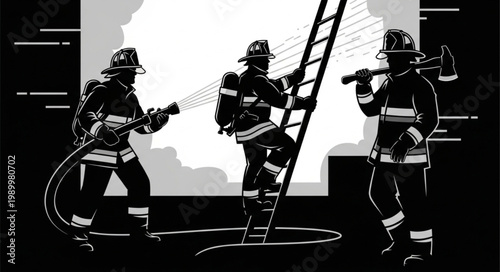 Firefighters in action with hose and axe during emergency.