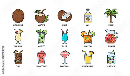Coconut and tropical drink icons arranged in grid layout