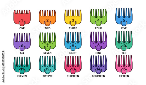 Colored clipper guard combs numbered and arranged on white background