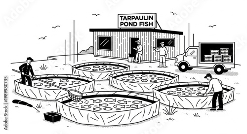 Fish Farming Operation with Tarpaulin Ponds and Building.