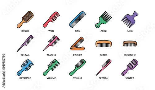 Hair brushes and comb icons showing multiple types on white background