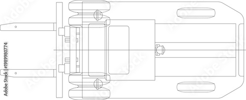 Technical engineering drawing showing a top-down plan view of a heavy-duty trailer hitch or coupling mechanism featuring a central pivot, bolts, and mounting brackets.