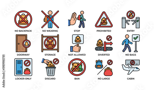 No backpack and prohibited bag icons showing storage rules on white