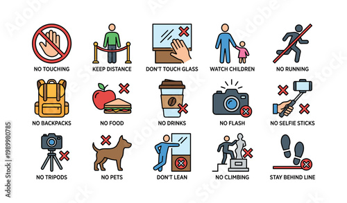 Museum rule icons indicating prohibited actions in gallery