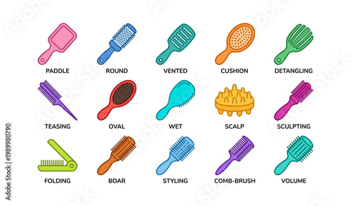 Hair brush variety icons collection arranged on white background