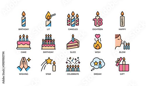 Birthday candle icons displayed in grid on white background
