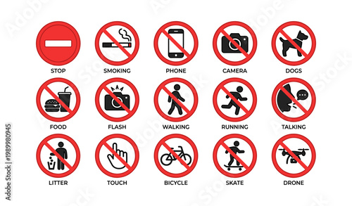 Prohibition signs showing banned actions with red circles