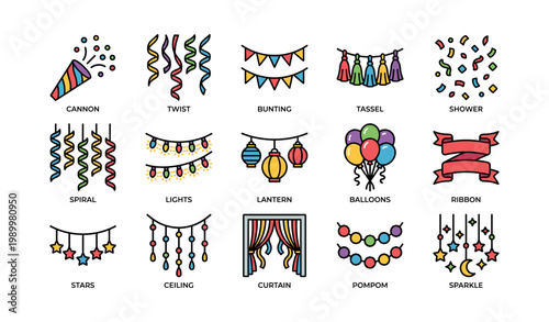 Party decoration icons showing hanging ornaments and banners