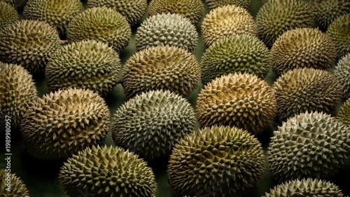 Close-up view of a large pile of spiky, exotic durian fruits, a popular tropical delicacy