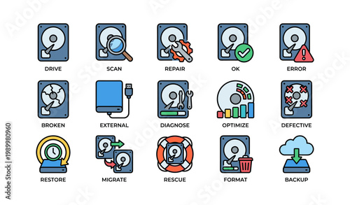 Hard drive icons illustrating status actions and recovery tools