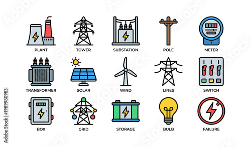 Power grid icons showing generation transmission and distribution