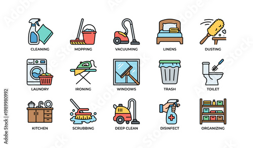 Household cleaning and maintenance icons arranged on white background