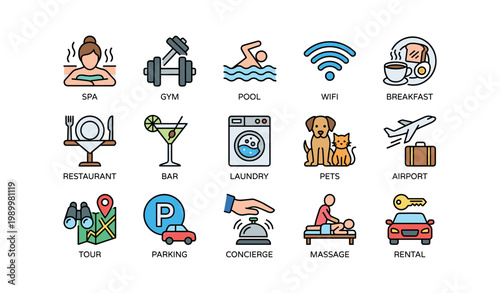 Hotel amenities and services shown in labeled icon grid
